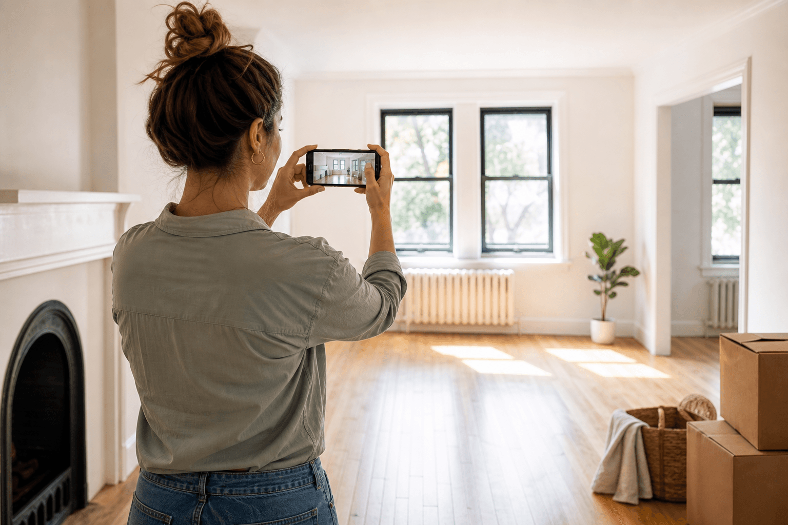 Renter documenting a move-in inspection with photos of the living room